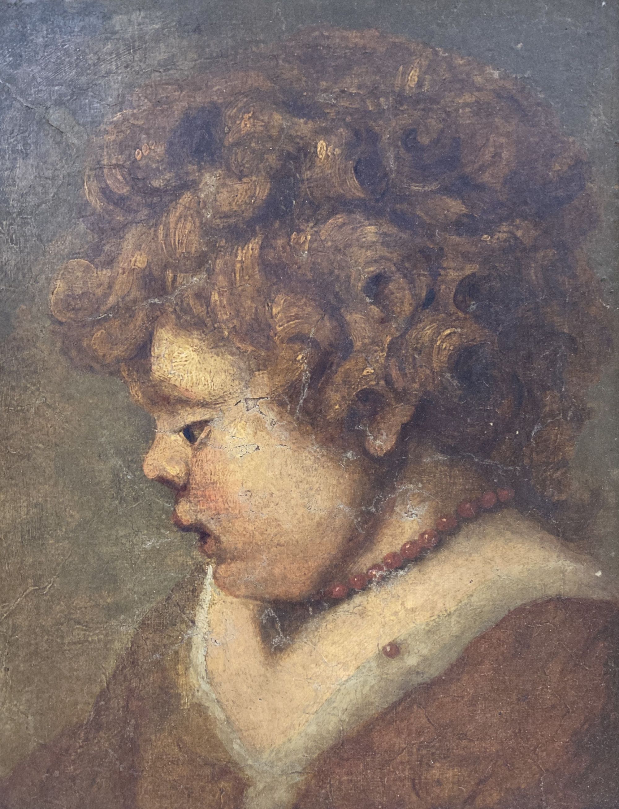 After Rubens, oil on canvas, Study of a curly haired child wearing a coral bead necklace, 36 x 28cm, Christies stencil stamp verso